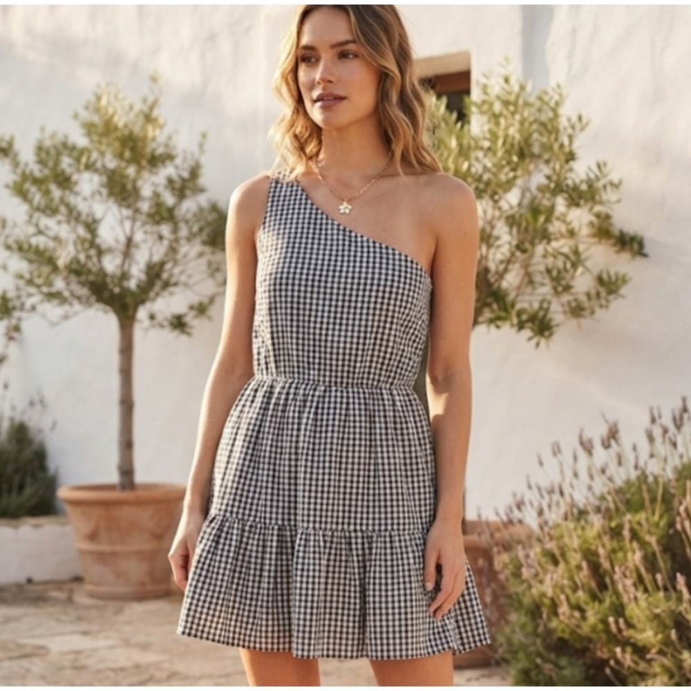 Vineyard Vines Womens Black White Gingham One Shoulder Tiered Mini Dress Size 14